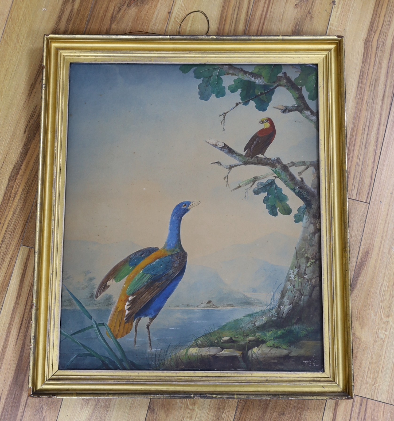 After Auguste Pelletier (fl.1800-1847), glass painting, Study of birds by a lake, 59 x 49cm